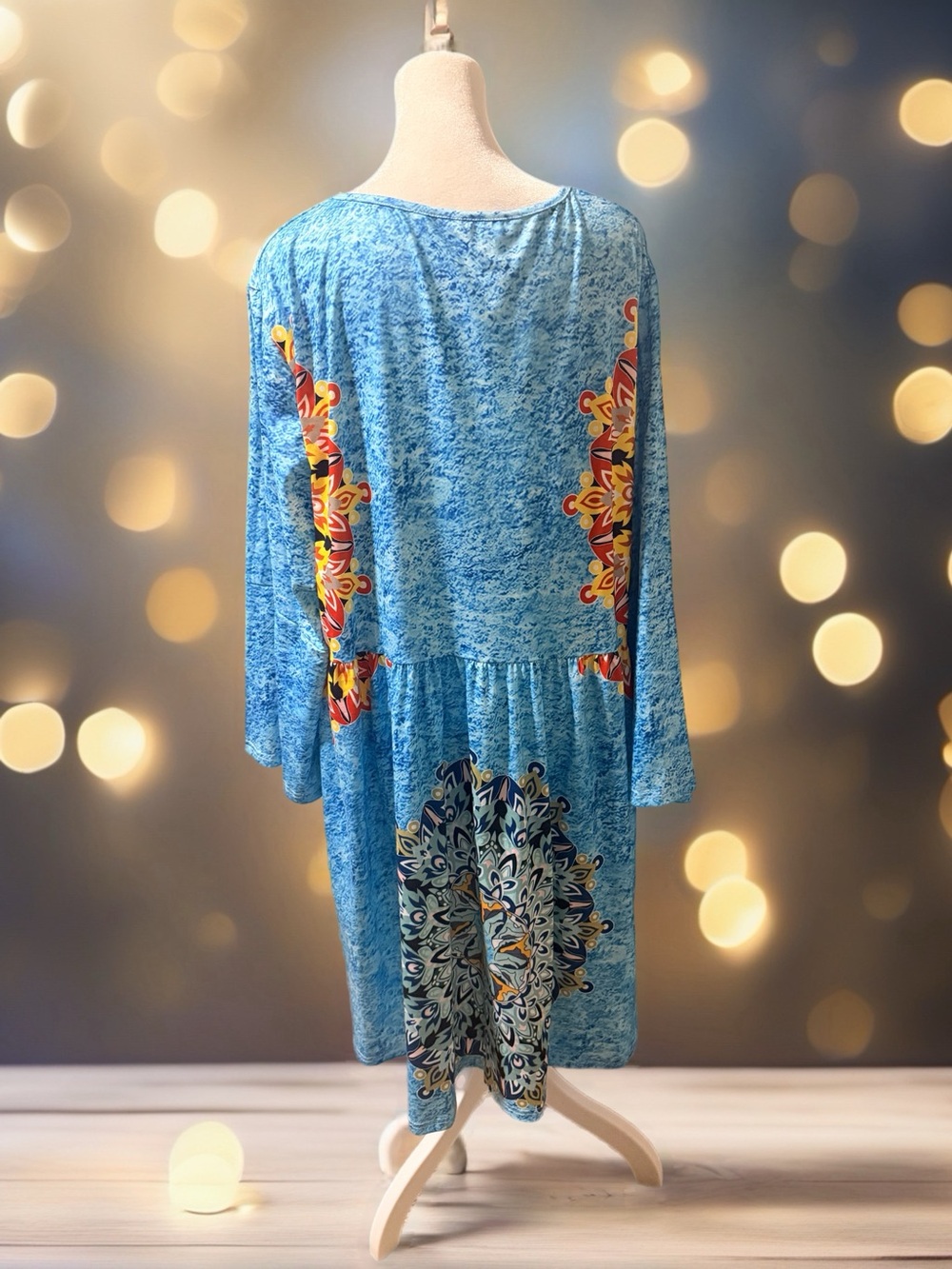 Handmade Light Blue Printed Long Sleeve Women’s Dress